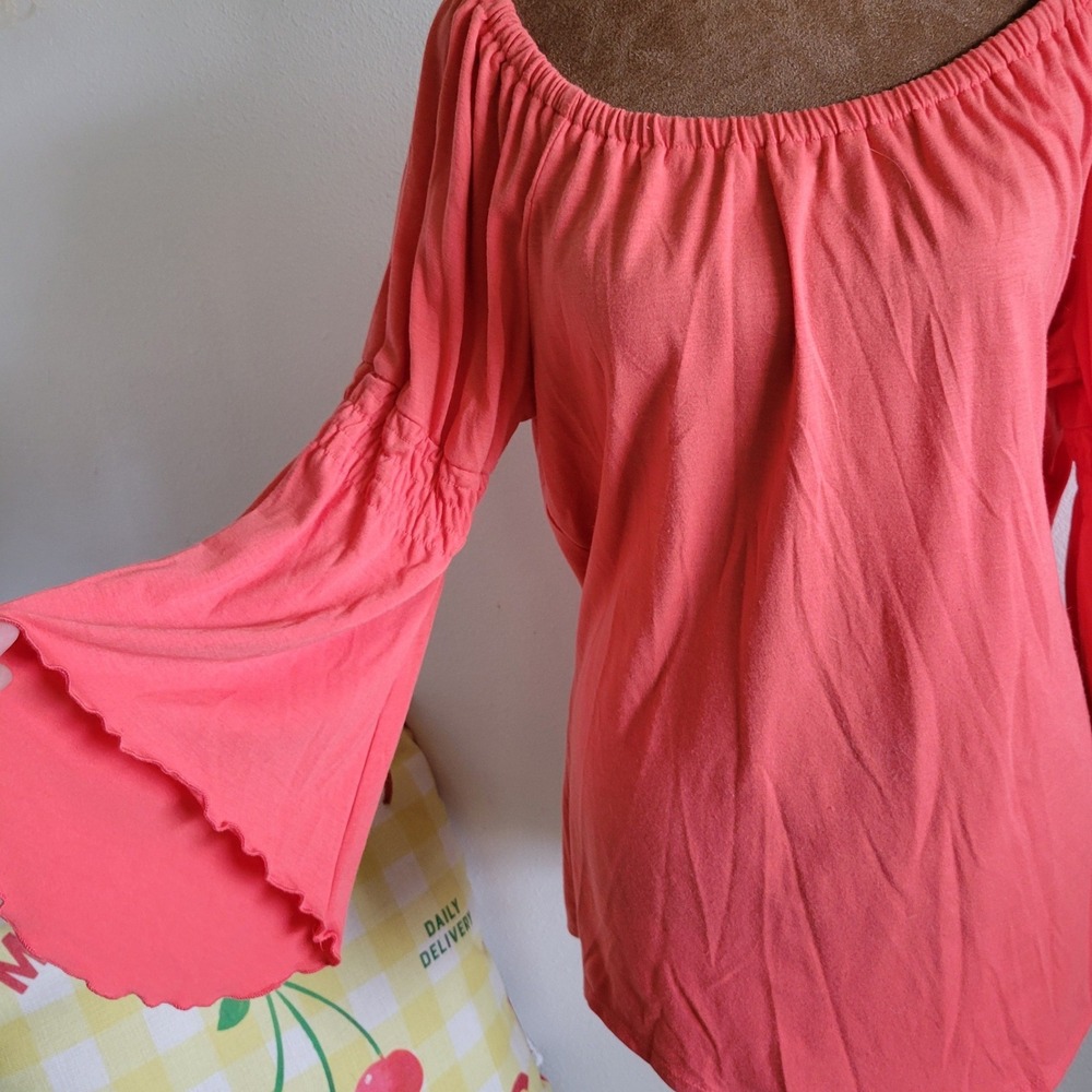 Notations Coral Pink Off The Shoulder Bell Sleeve Festival Peasant Womens Large - Picture 2 of 10